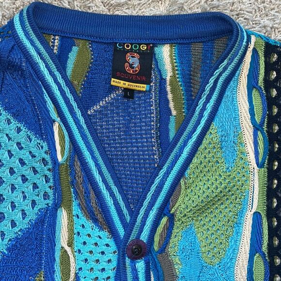 Coogi 3D Knit Cardigan Multicolor Blue Green Rare Pattern Australia Made Cotton - Picture 2 of 16